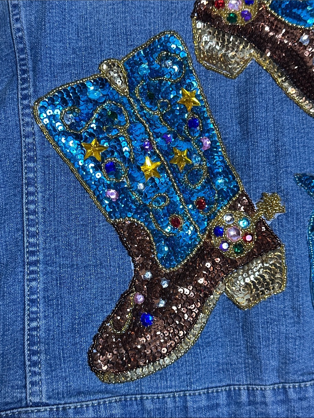 Faded Glory medium wash custom-embellished denim trucker jacket Texas Design 2XL - Picture 12 of 15